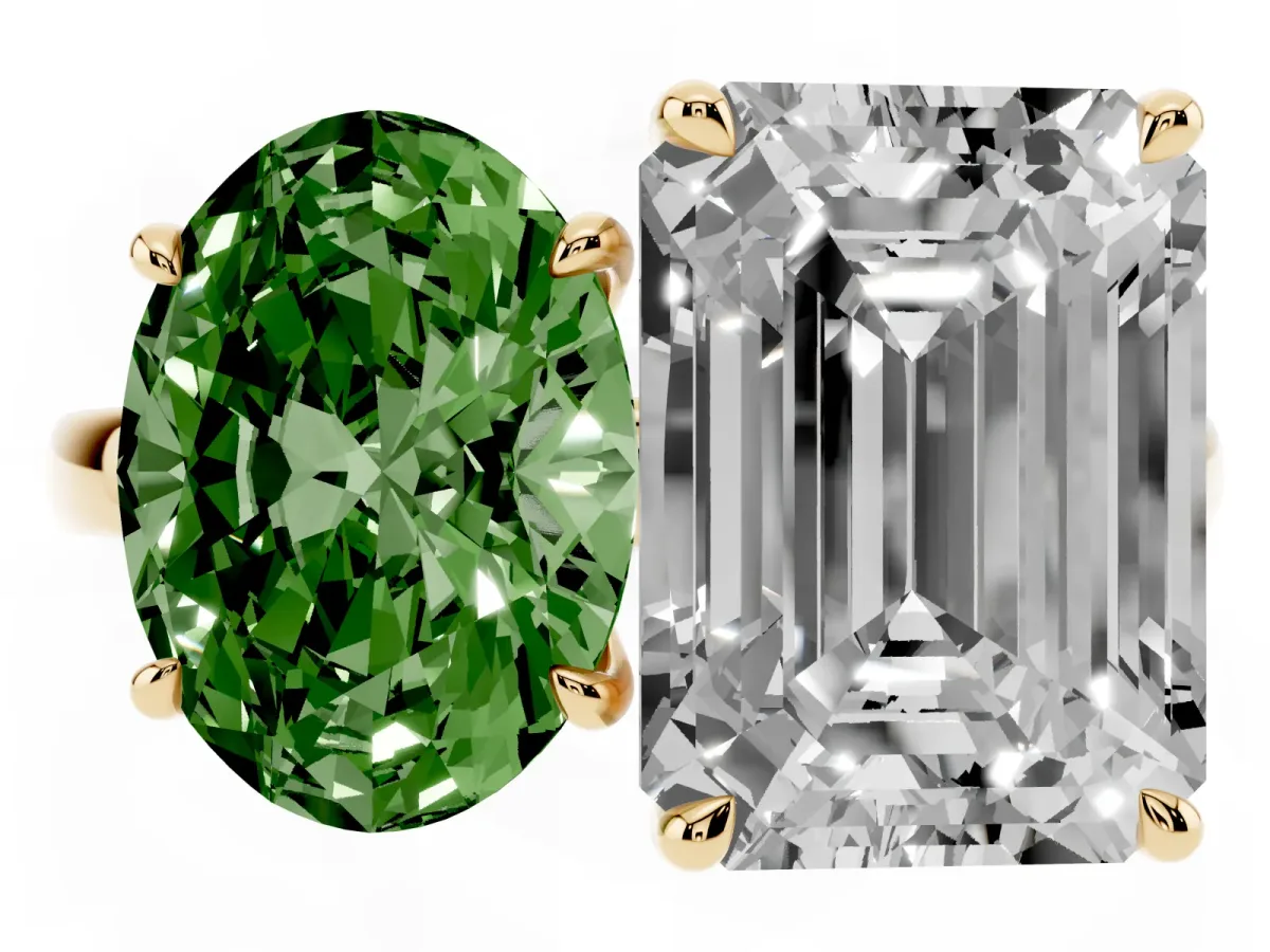 Fancy Green Oval Cut and Emerald Cut Toi Moi Ring with Prong Setting Yellow gold