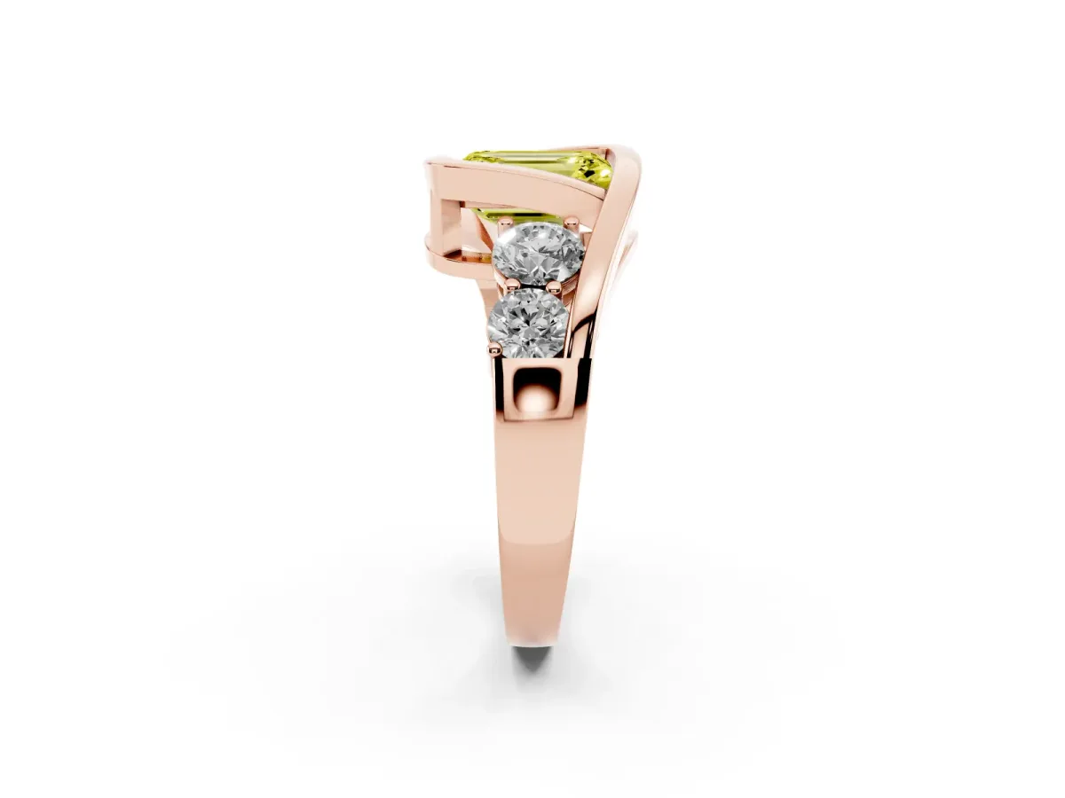 Fancy Yellow Bezel Set Emerald Cut Diamond Bypass Ring with Round Accents Rose gold