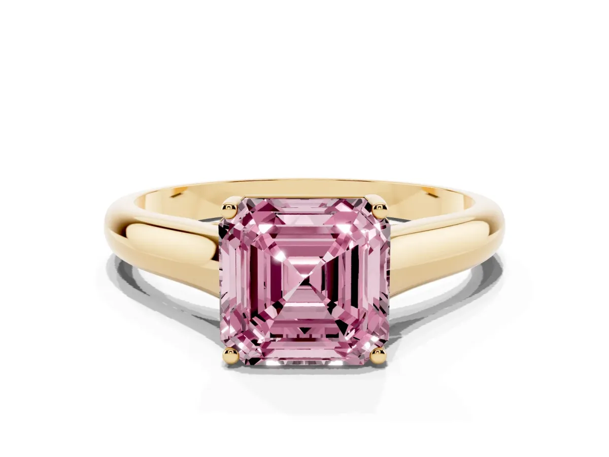 Fancy Pink Asscher Cut Solitaire Engagement Ring with Tapered Band and Four-Prong Setting Yellow gold