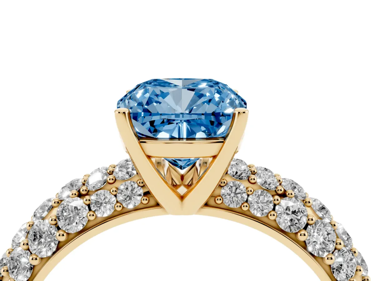 Fancy Blue Cushion Cut Diamond Pavé Band Solitaire Ring with Four-Prong Setting Yellow gold