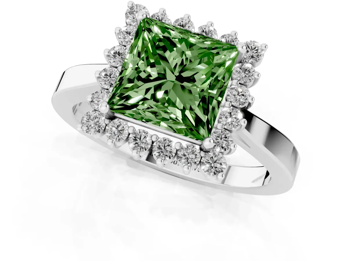 Fancy Green Princess Cut Cut Diamond Halo Ring with Round Brilliant Halo and Solitaire Band Silver