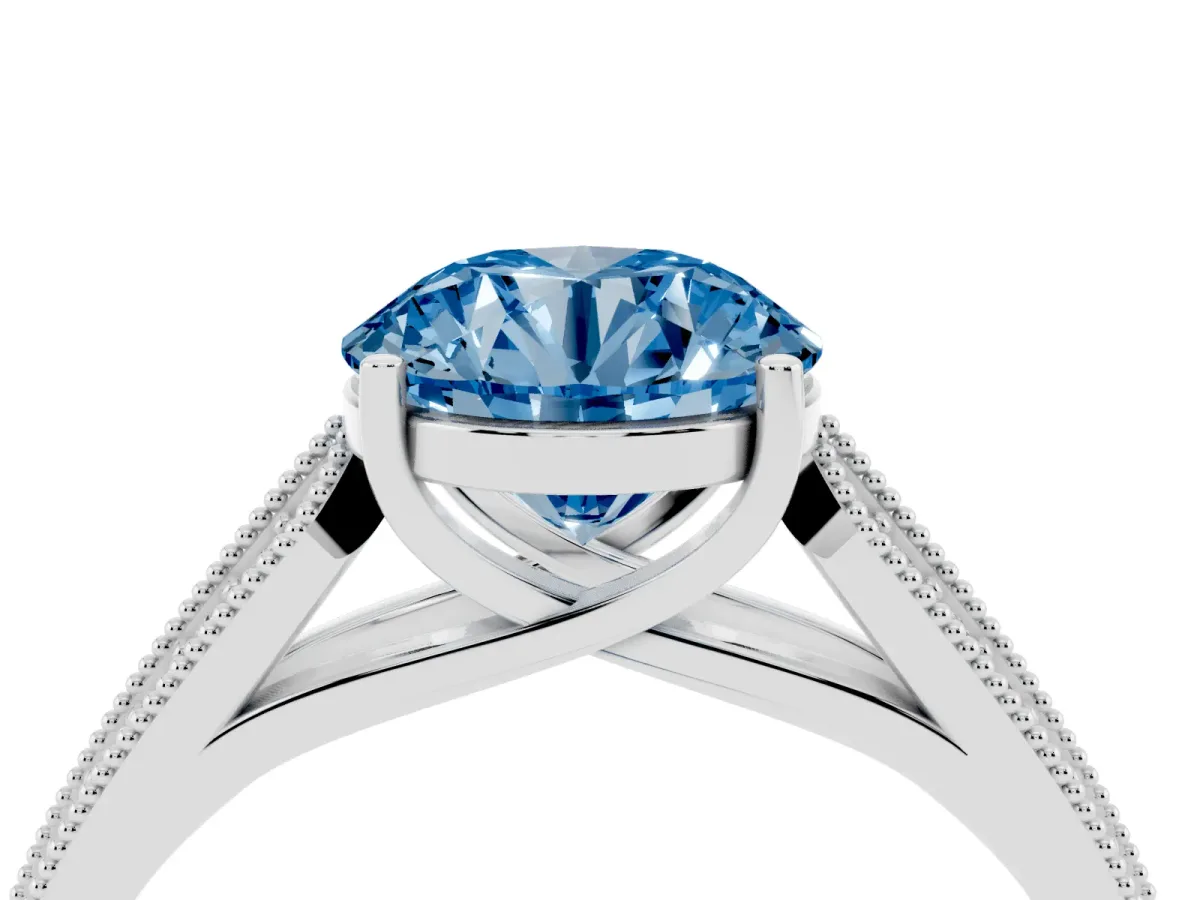 Fancy Blue Round Cut Cut Pave Split Shank Engagement Ring with Four-Prong Setting Platinum
