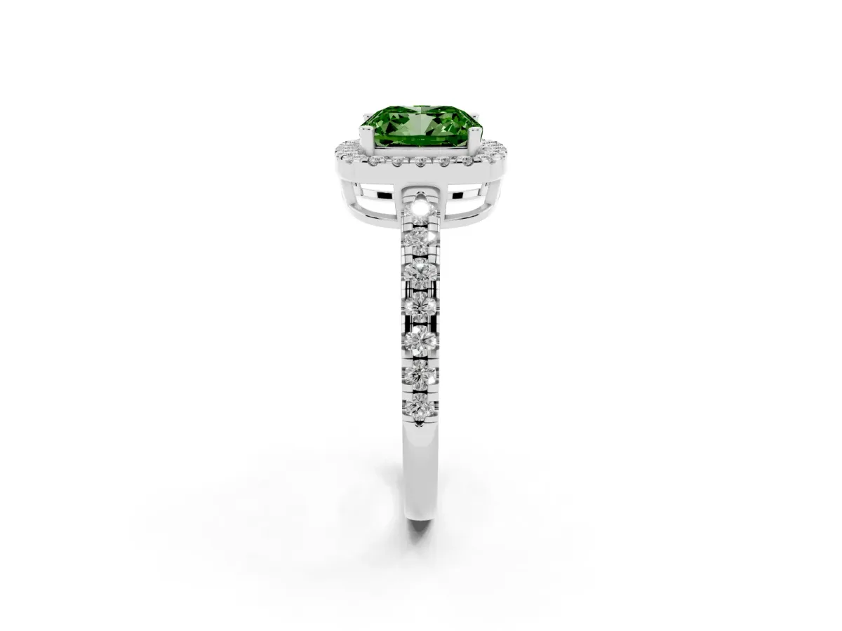 Fancy Green Cushion Cut Diamond Halo Ring with Pavé Band and Four-Prong Setting Platinum