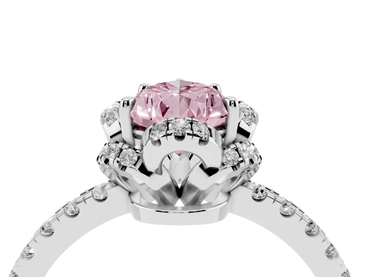 Fancy Pink Pear Cut Halo Diamond Pave Band Ring with Four-Prong Setting Silver