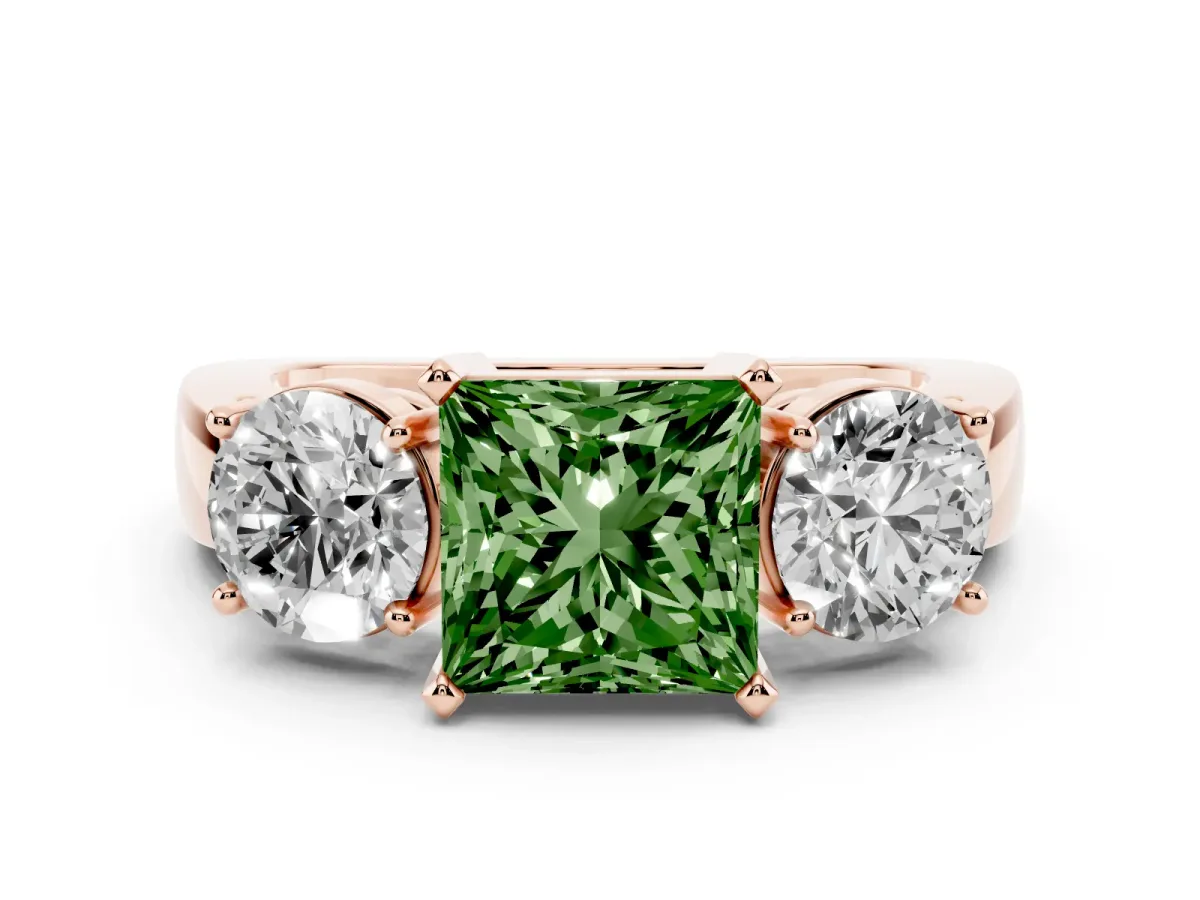 Fancy Green Three-Stone Princess Cut Diamond Ring with Round Side Stones, Classic Band, and Four-Prong Setting Rose gold