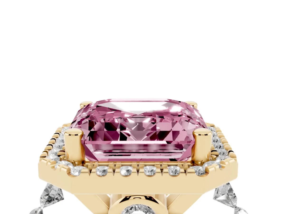 Fancy Pink Asscher Cut Halo Pavé Diamond Engagement Ring with Four-Prong Setting Yellow gold