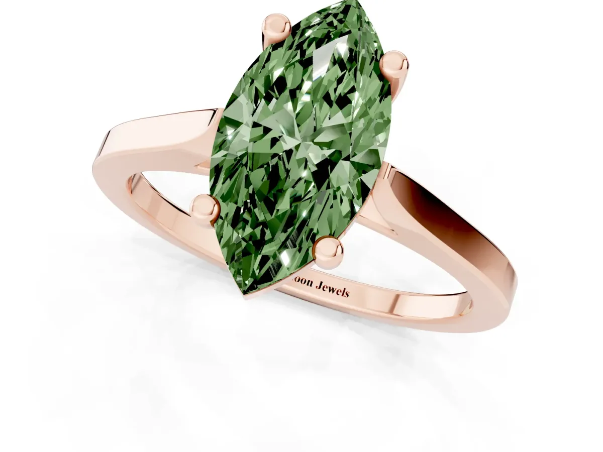 Fancy Green Marquise Cut Solitaire Diamond Ring with Four-Prong Setting and Tapered Band Rose gold