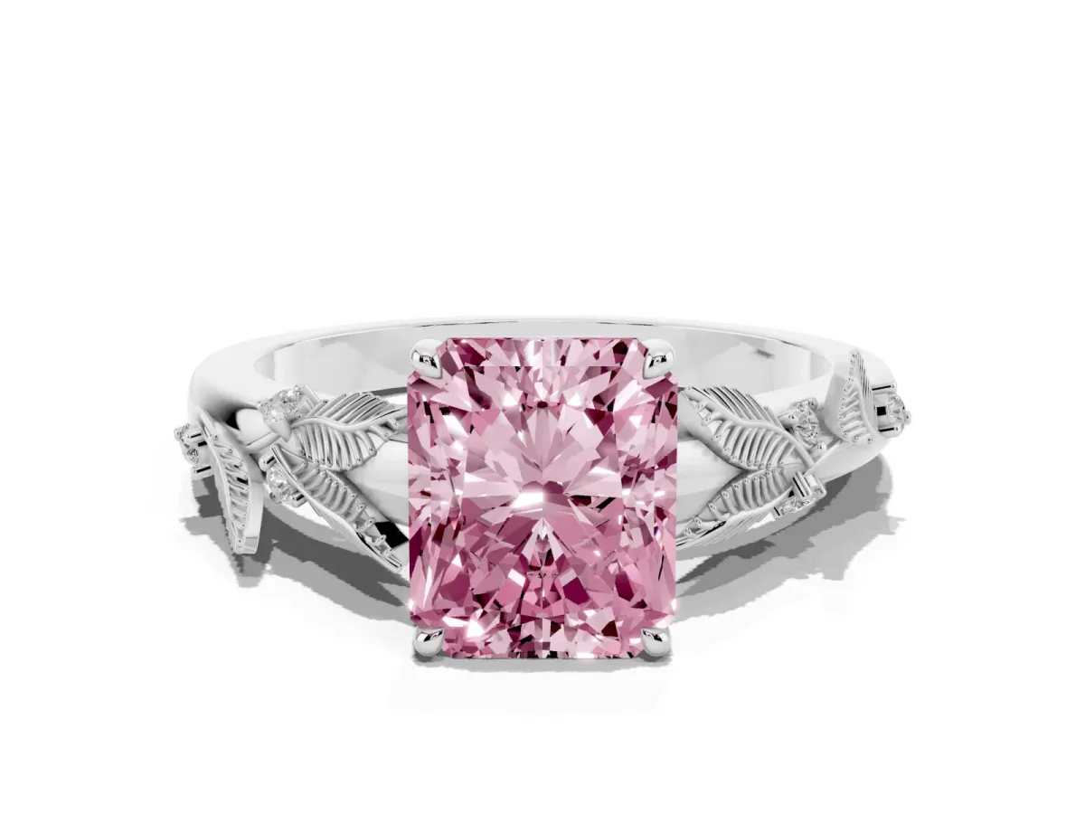 Fancy Pink Radiant Cut Diamond Solitaire Ring with Leaf Motif Band and Four-Prong Setting Silver