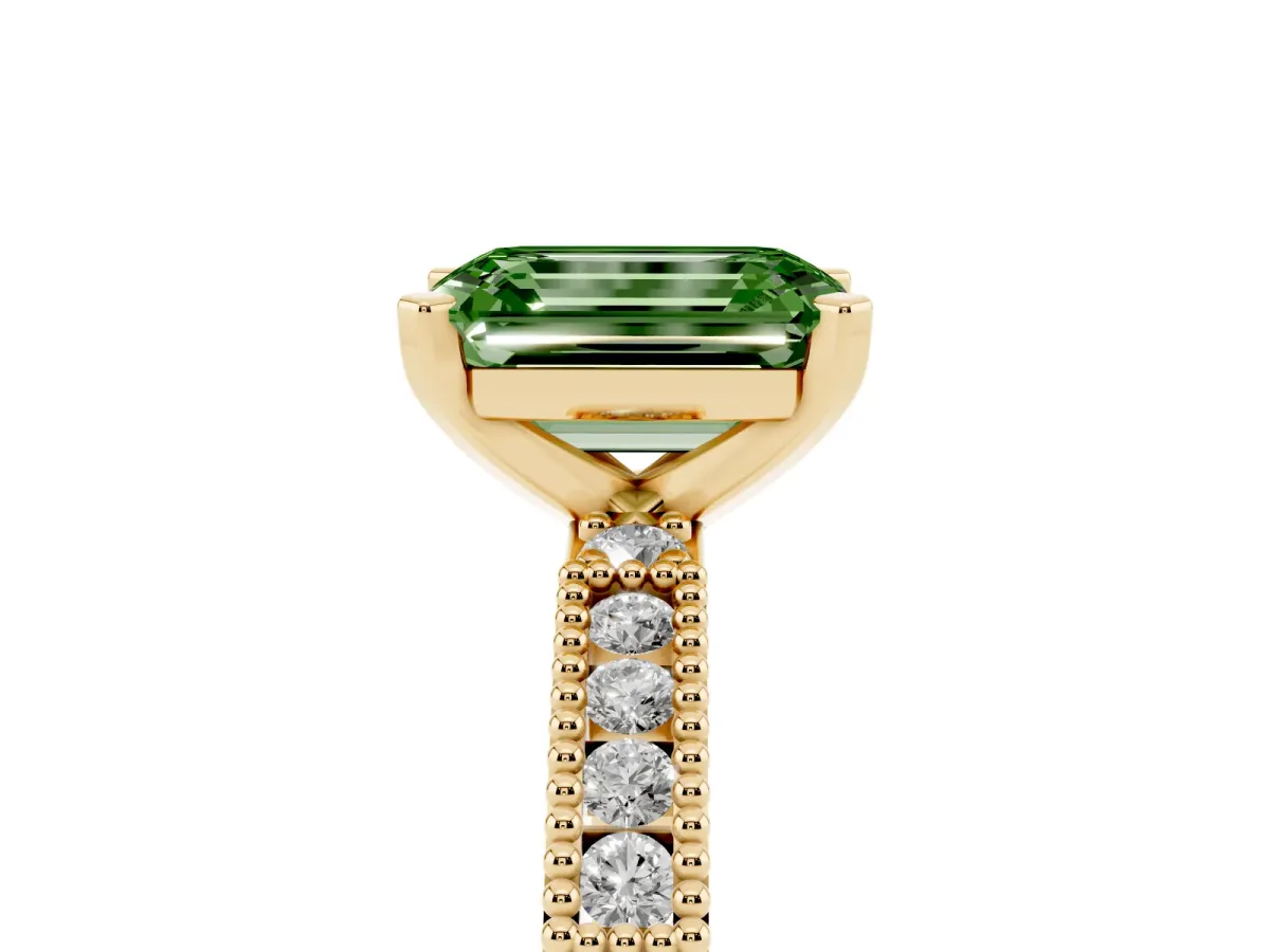 Fancy Green Emerald Cut Solitaire with Pavé Band and Four-Prong Setting Yellow gold
