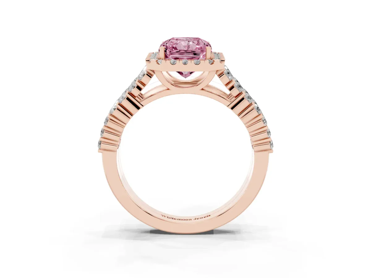 Fancy Pink Radiant Cut Diamond Halo Engagement Ring with Triple Row Round Pavé Band and Prong Setting Rose gold