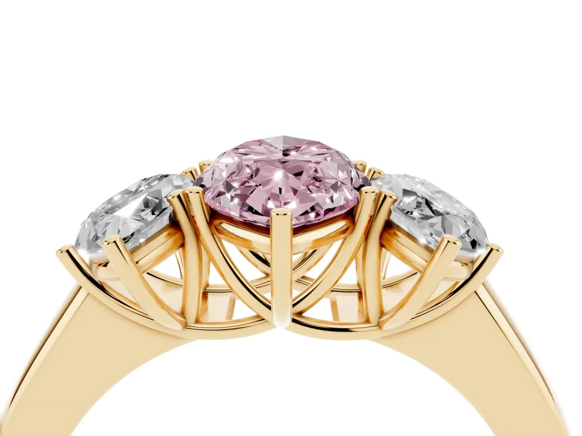 Fancy Pink Three-Stone Marquise Cut Cut Diamond Ring with Prong Setting and Classic Band Yellow gold