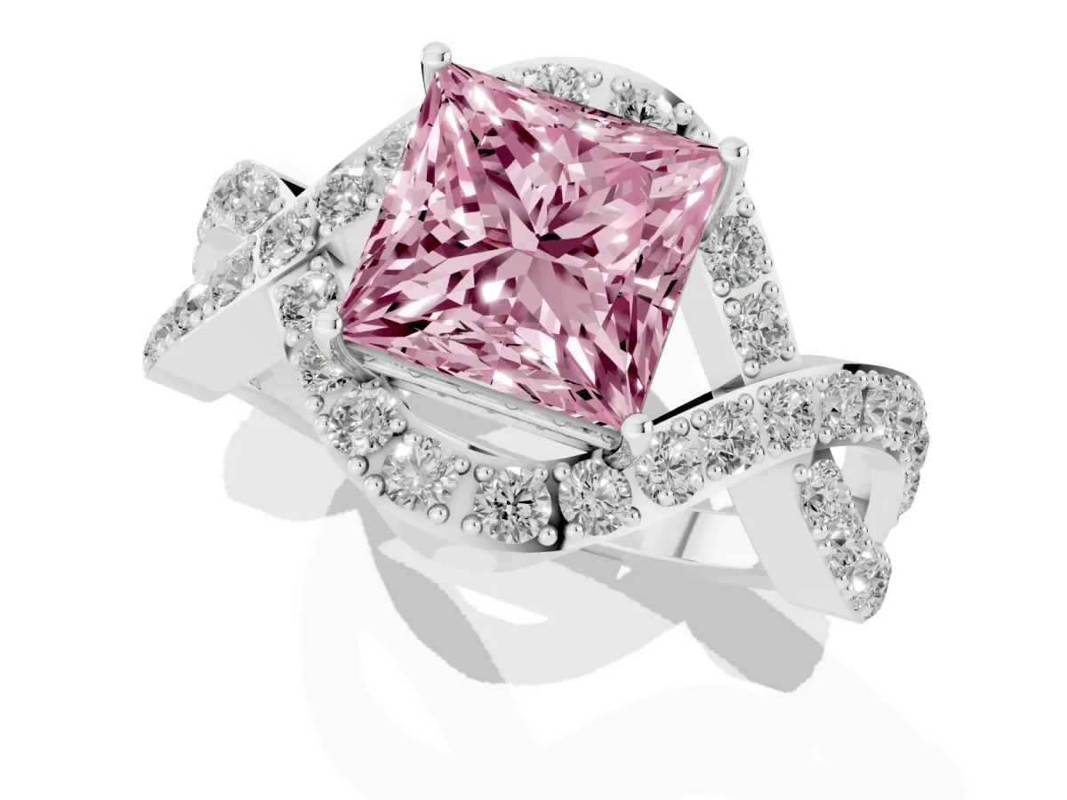 Fancy Pink Princess Cut Solitaire Twist Band Pavé Diamond Engagement Ring Silver
