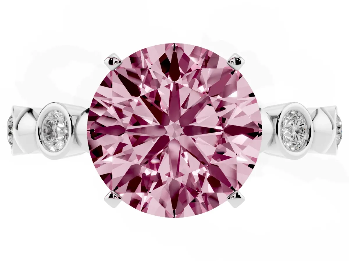 Fancy Pink Round Cut Solitaire Bezel-Set Diamond Ring with Beaded Band and Four-Prong Setting Silver