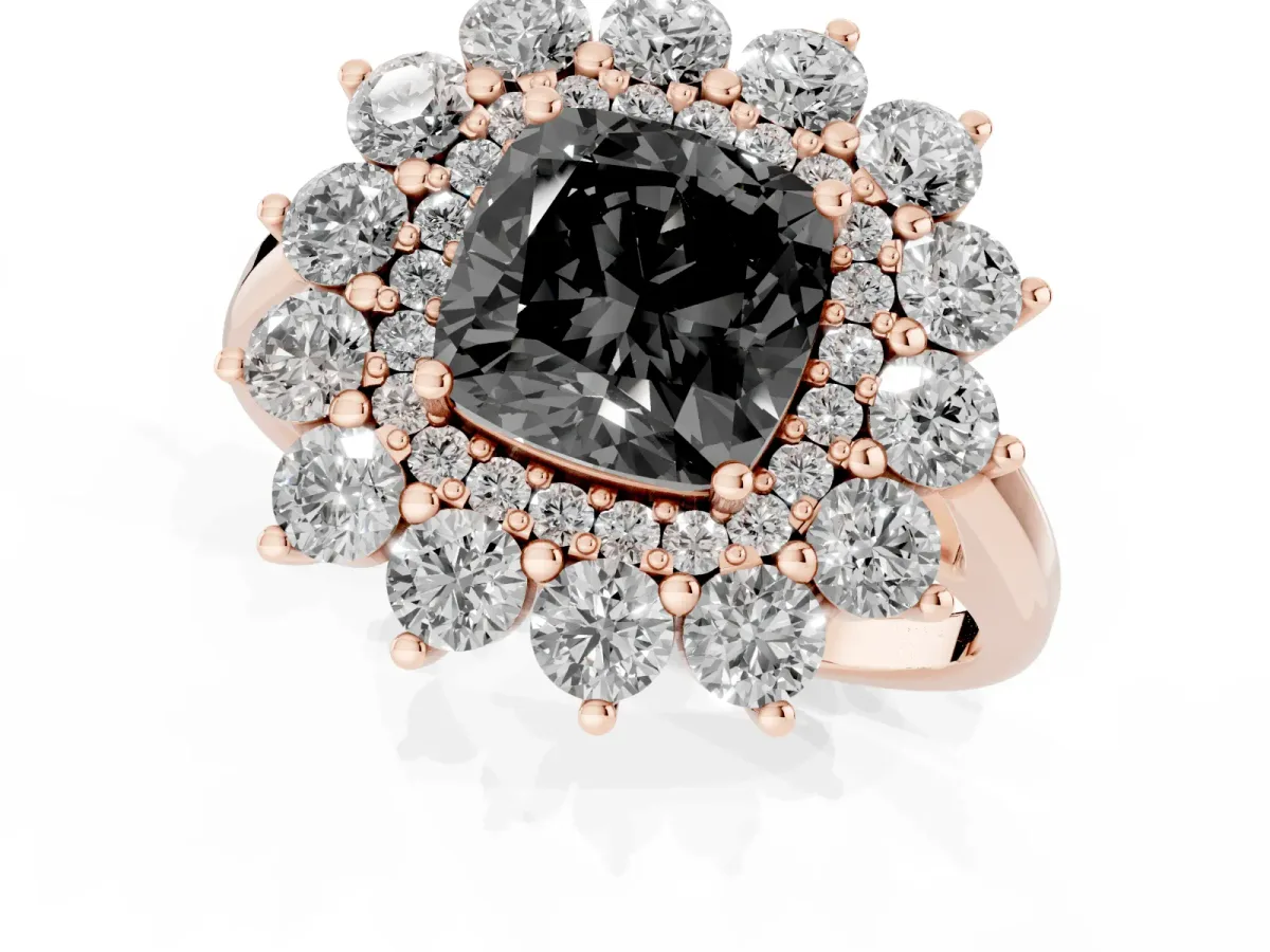 Fancy Black Cushion Cut Diamond Floral Double Halo Engagement Ring with Prong Setting Rose gold