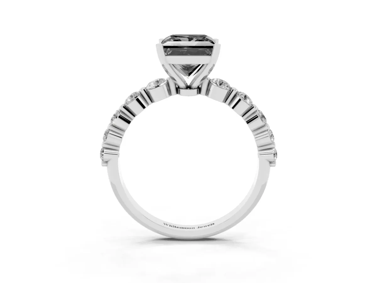 Fancy Black Princess Cut Solitaire Diamond Ring with Pave Band and Four-Prong Setting Silver