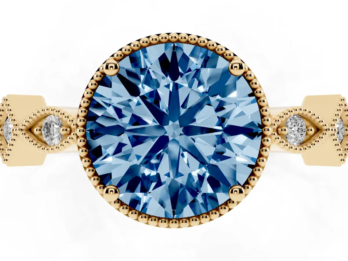 Fancy Blue Round Cut Milgrain Marquise Diamond Twist Band Ring Yellow gold