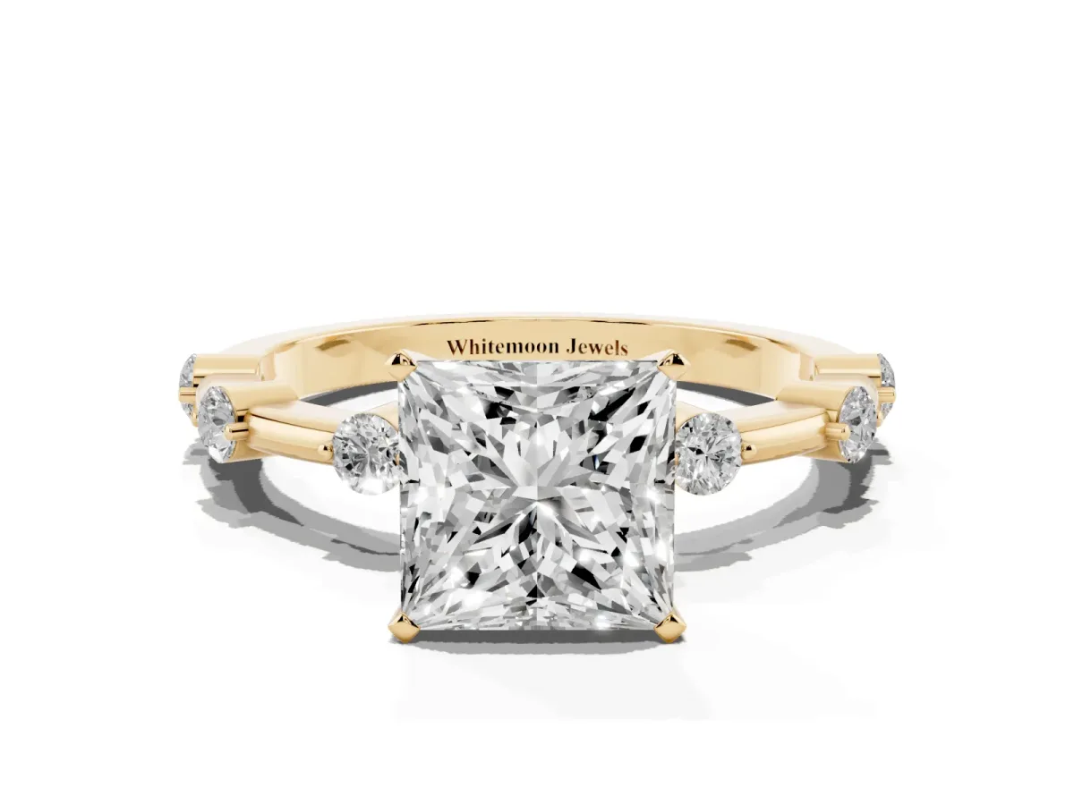 Princess Cut Solitaire Diamond Ring with Bezel Set Side Stones and Prong Setting Yellow gold