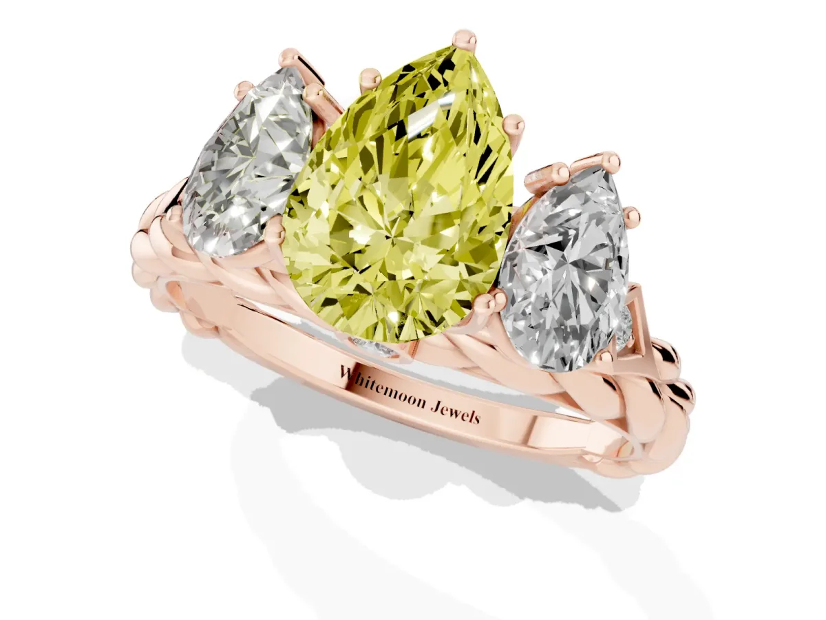 Fancy Yellow Three-Stone Pear Cut Diamond Braided Band Ring with Four-Prong Setting Rose gold