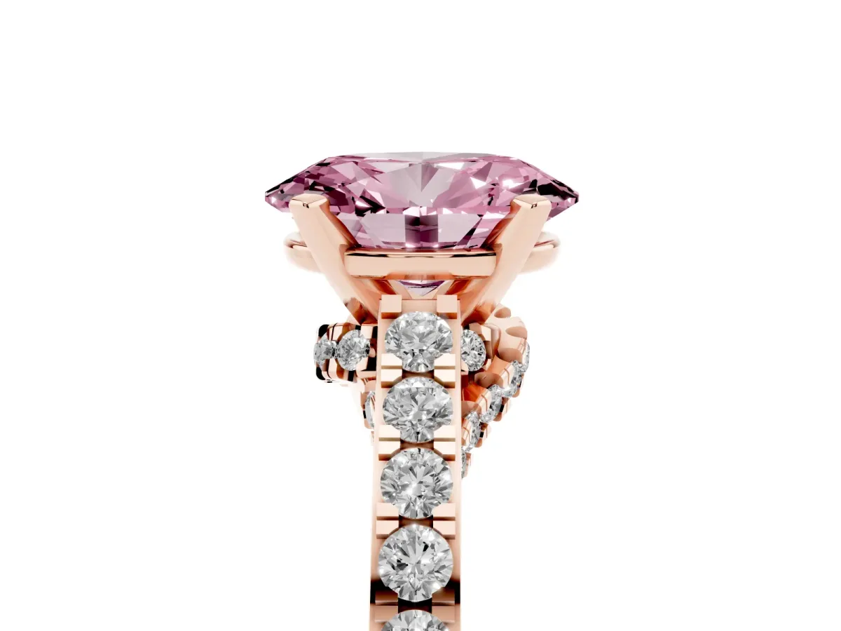 Fancy Pink Oval Cut Diamond Solitaire Ring with Crossover Gallery and Round Pavé Band Rose gold