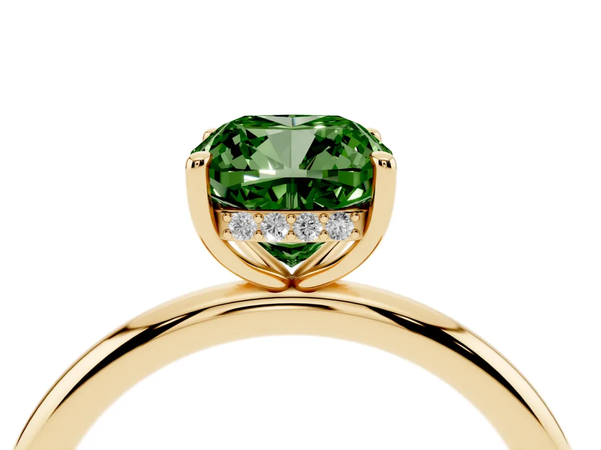 Fancy Green Cushion Cut Diamond Solitaire Ring with Thin Band and Four-Prong Setting Yellow gold