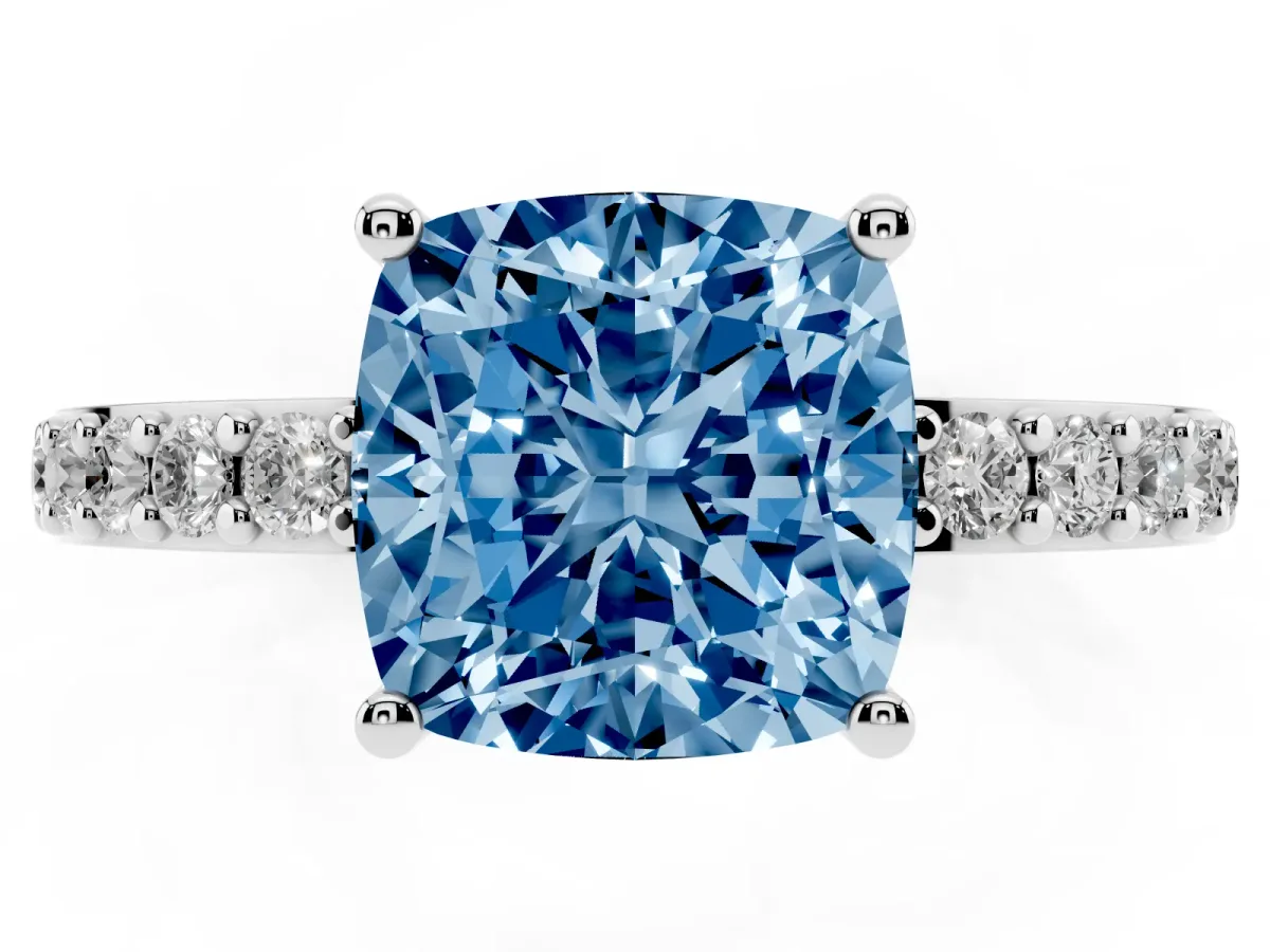 Fancy Blue Cushion Cut Cut Diamond Solitaire with Pave Band and Four-Prong Setting Silver
