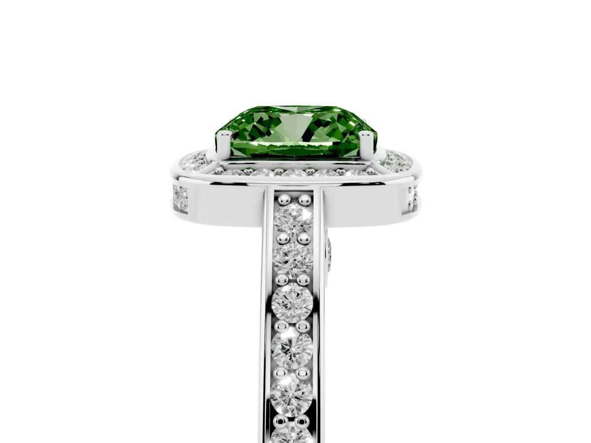 Fancy Green Cushion Cut Cut Halo Pave Split Shank Prong Setting Ring Silver