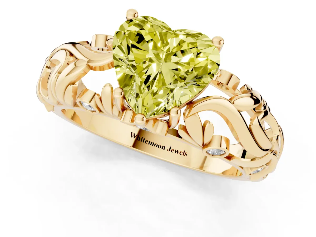 Fancy Yellow Heart Cut Solitaire Diamond Leaf-Inspired Vine Band Ring with Prong Setting Yellow gold
