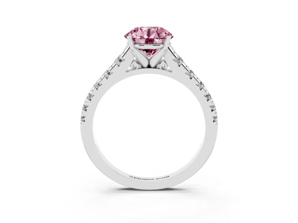 Fancy Pink Round Cut Diamond Cathedral Solitaire Ring with Round Pavé Band Silver