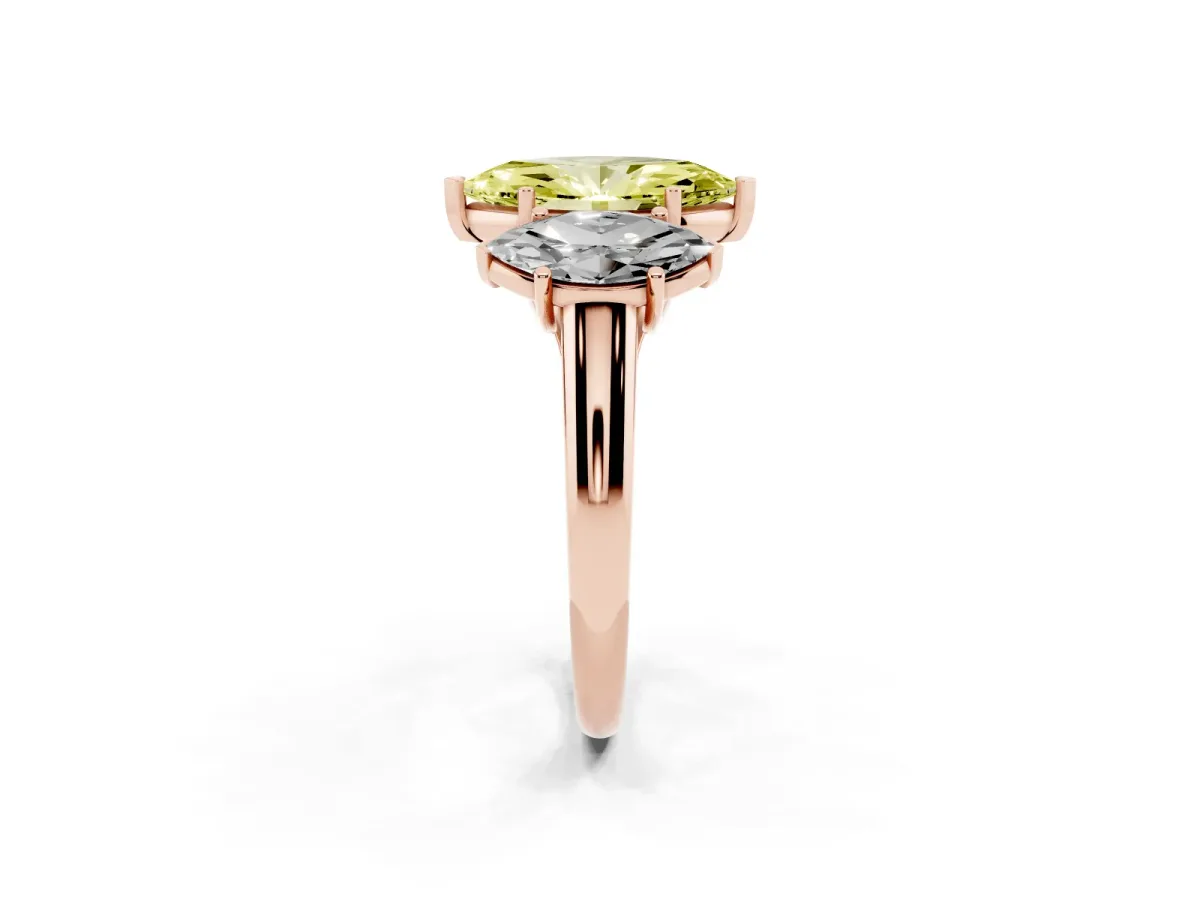 Fancy Yellow Three-Stone Marquise Cut Diamond Engagement Ring with Prong Setting Rose gold