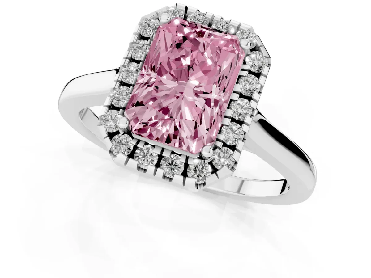 Fancy Pink Radiant Cut Halo Round Diamond Solitaire Ring with Pavé Band and Four-Prong Setting Silver