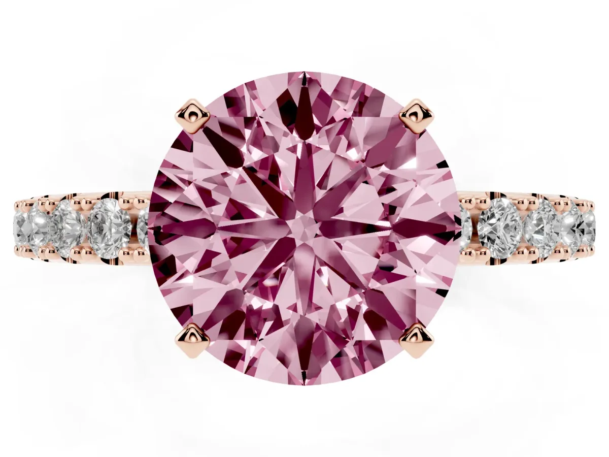 Fancy Pink Round Cut Diamond Solitaire Pavé Band with Four-Prong Setting Rose gold