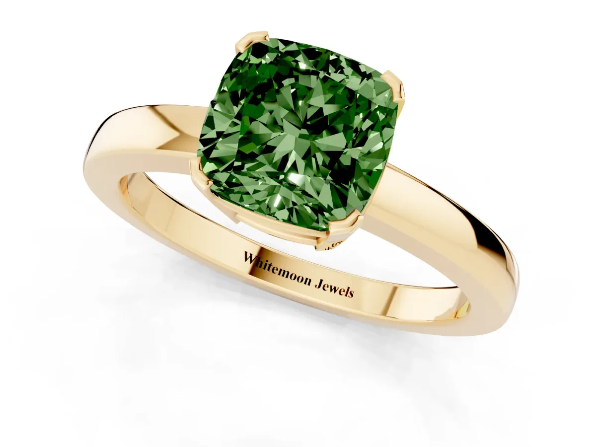 Fancy Green Cushion Cut Cut Solitaire Ring with Four-Prong Setting and Classic Band Yellow gold