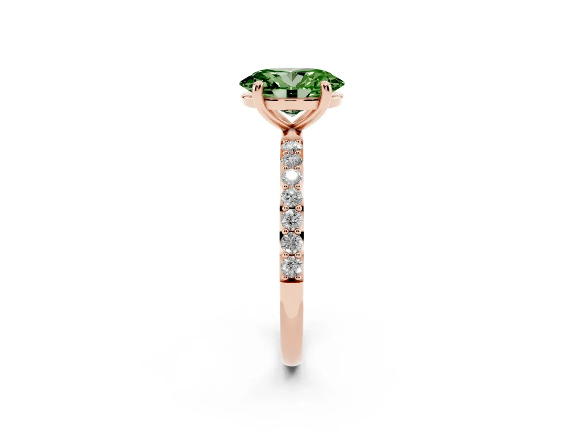 Fancy Green Oval Cut Diamond Solitaire Ring with Round Pavé Band and Prong Setting Rose gold