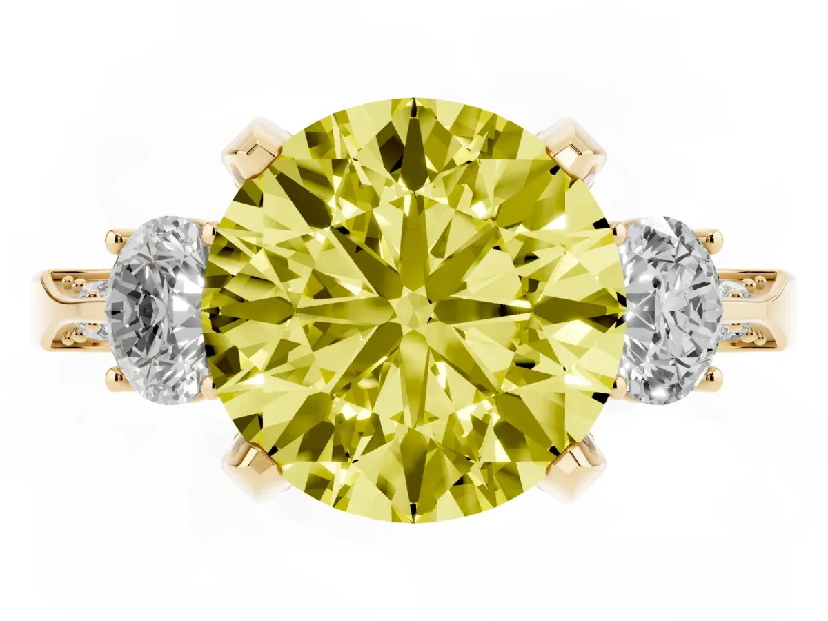 Fancy Yellow Round Cut Brilliant Three-Stone Diamond Ring with Pavé Band and Four-Prong Setting Yellow gold
