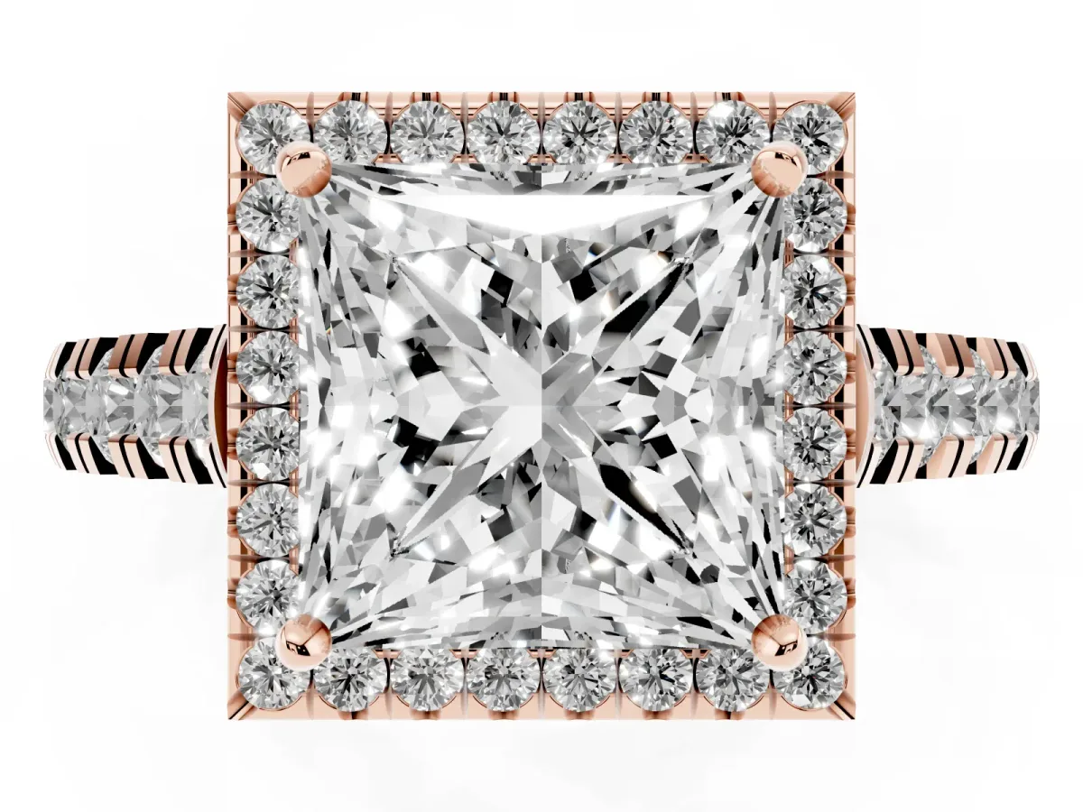 Princess Cut Halo Pavé Diamond Engagement Ring with Four-Prong Setting Rose gold