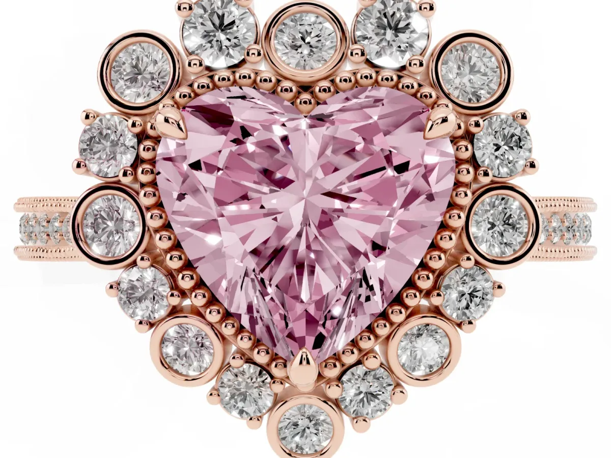 Fancy Pink Heart Cut Halo Milgrain Pave Diamond Ring with Four-Prong Setting Rose gold
