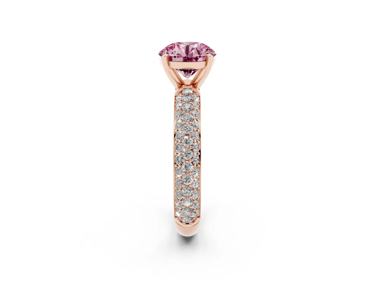 Fancy Pink Round Cut Diamond Solitaire Ring with Prong Setting and Pavé Band Rose gold