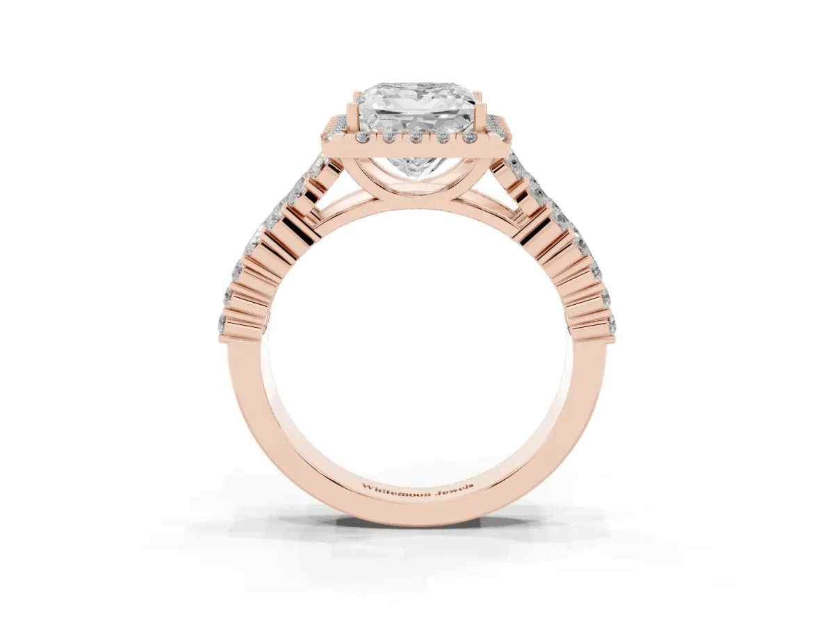 Princess Cut Diamond Halo Engagement Ring with Triple Row Round Pavé Band and Prong Setting Rose gold