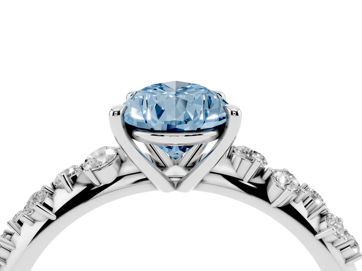 Fancy Blue Pear Cut Diamond Cluster Side Stone Solitaire Ring with Prong Setting Silver