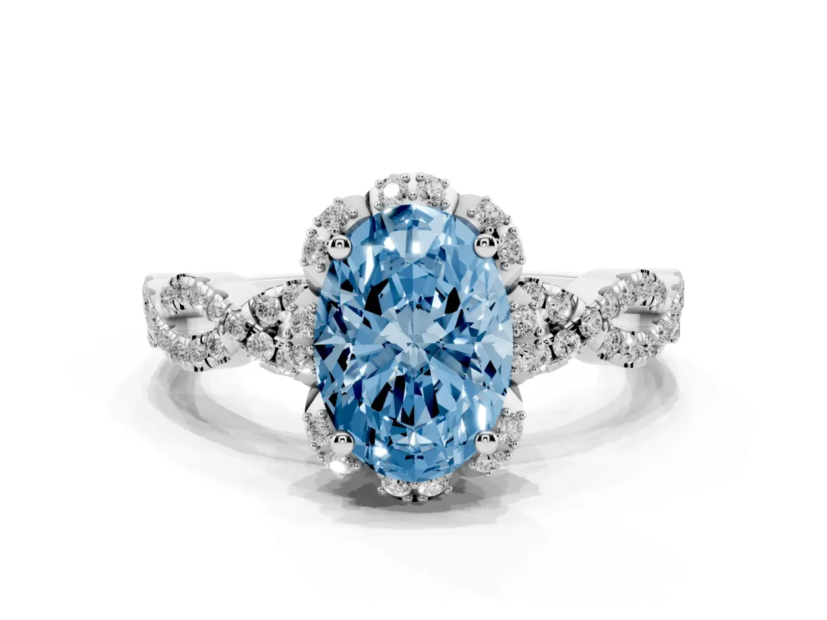 Fancy Blue Oval Cut Halo Twist Band Solitaire Ring with Six-Prong Setting Silver