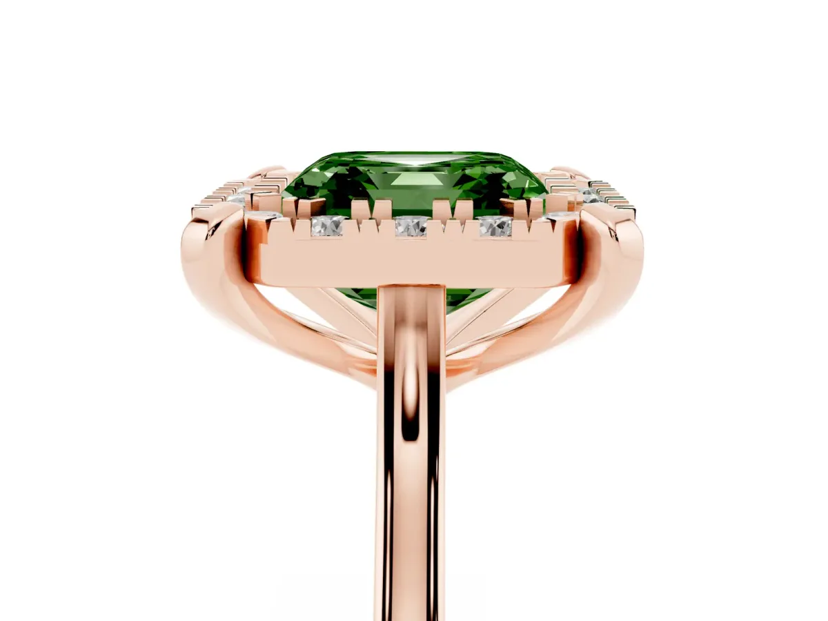 Fancy Green Asscher Cut Diamond Cluster Halo Solitaire with Four-Prong Setting Rose gold