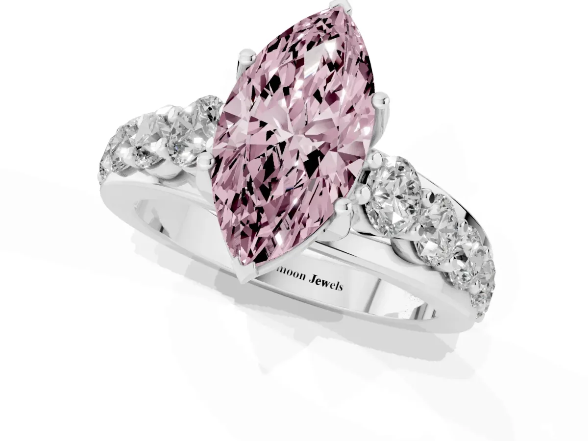 Fancy Pink Marquise Cut Diamond Engagement Ring with Pavé Band and Four-Prong Setting Silver