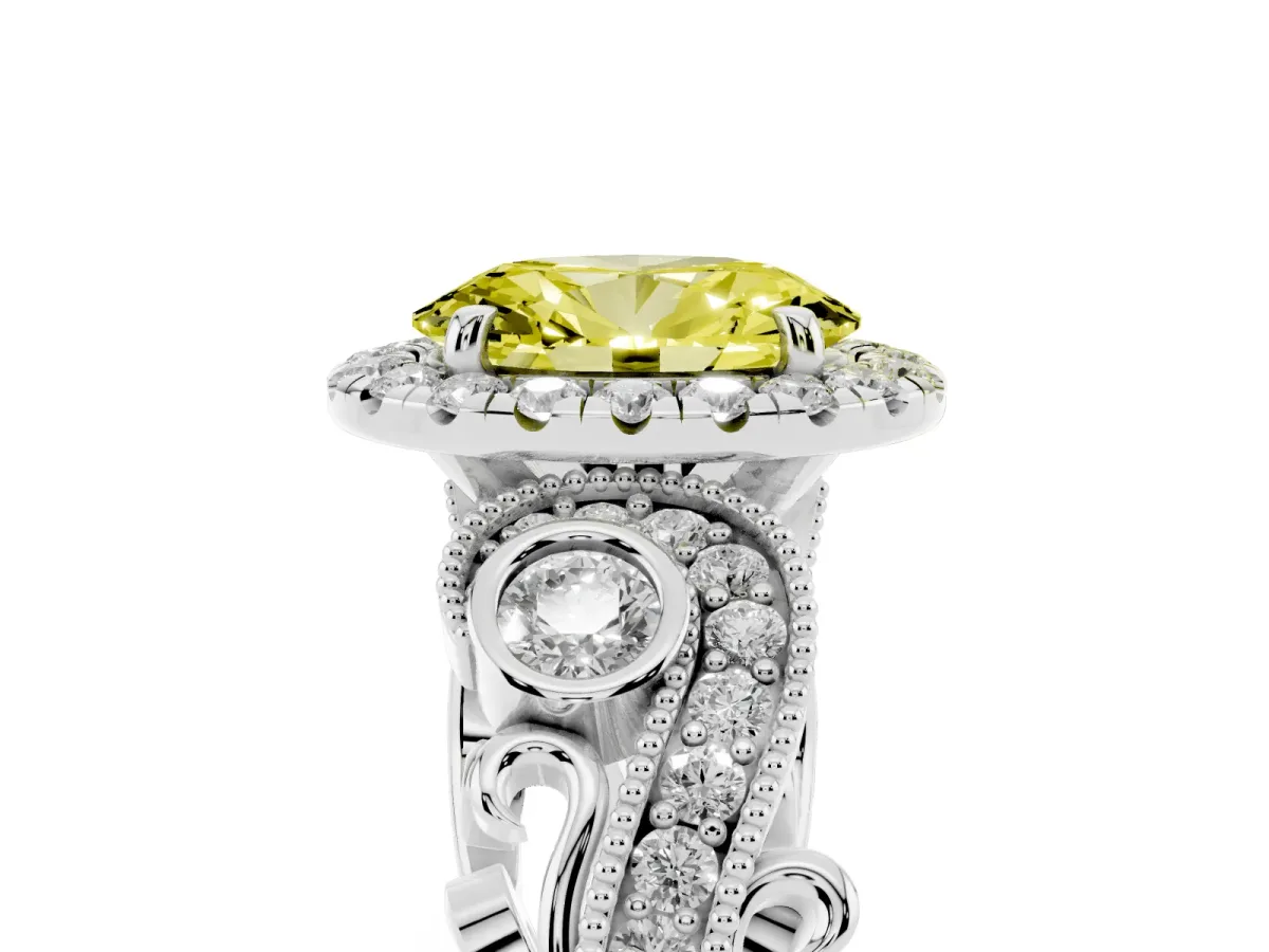Fancy Yellow Oval Cut Diamond Halo Ring with Milgrain Pavé Band and Four-Prong Setting Silver