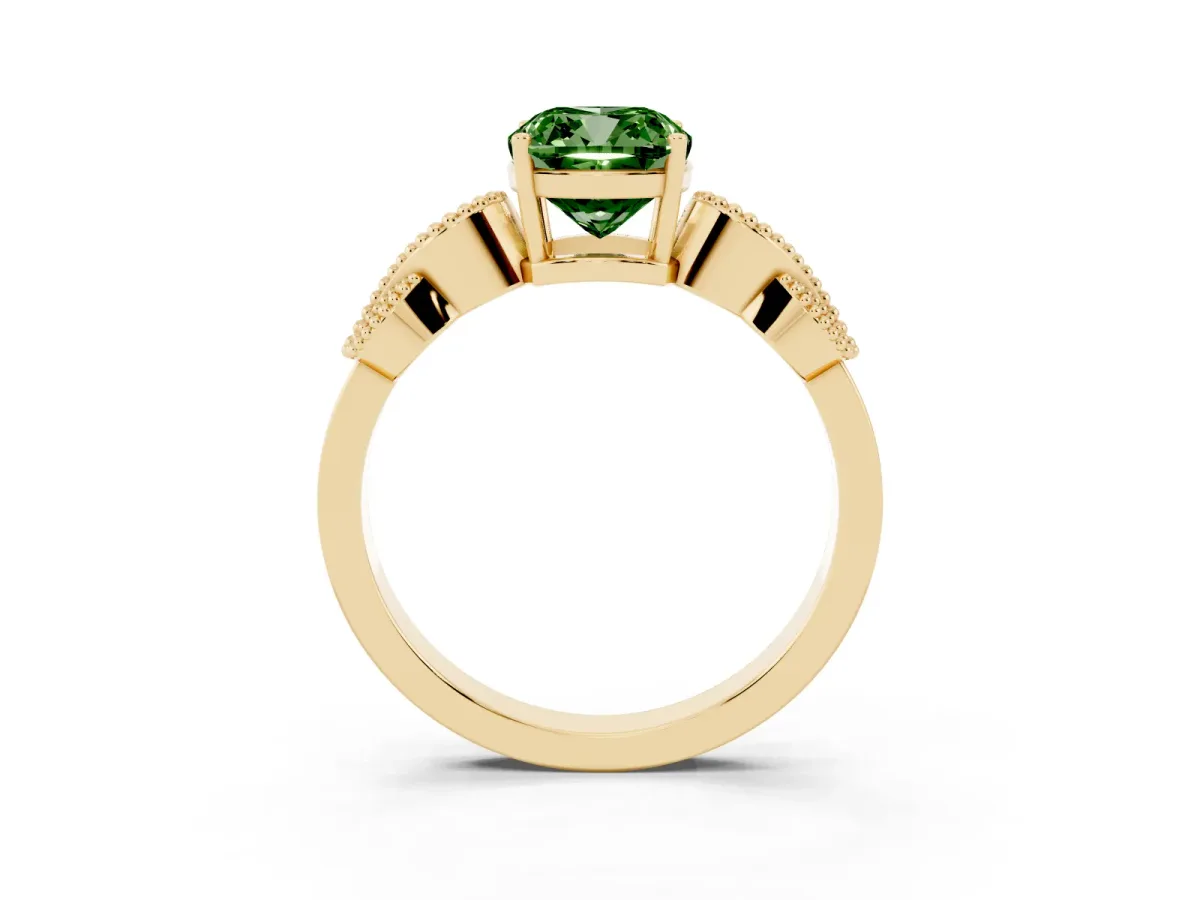 Fancy Green Cushion Cut Solitaire Milgrain Leaf Band with Prong Setting Yellow gold