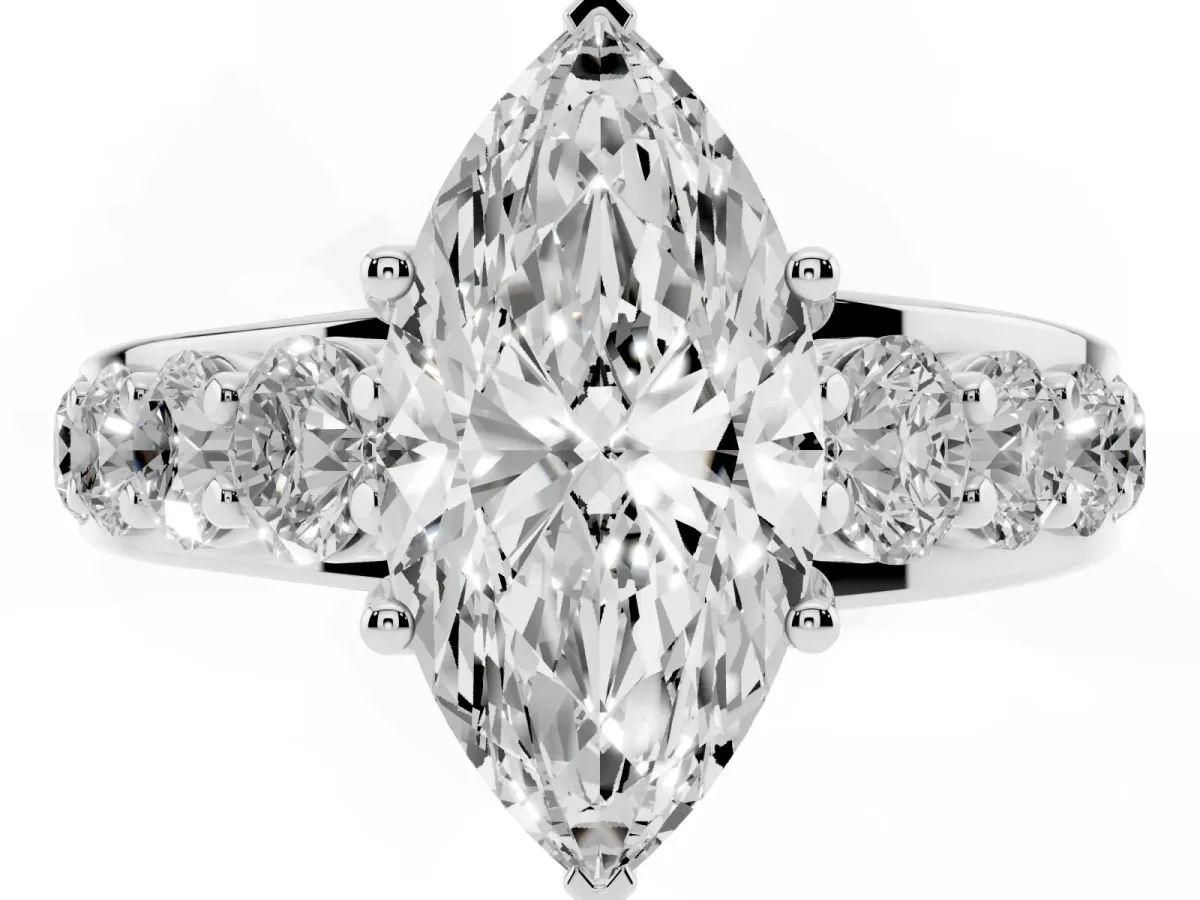 Marquise Cut Diamond Engagement Ring with Pavé Band and Four-Prong Setting Silver