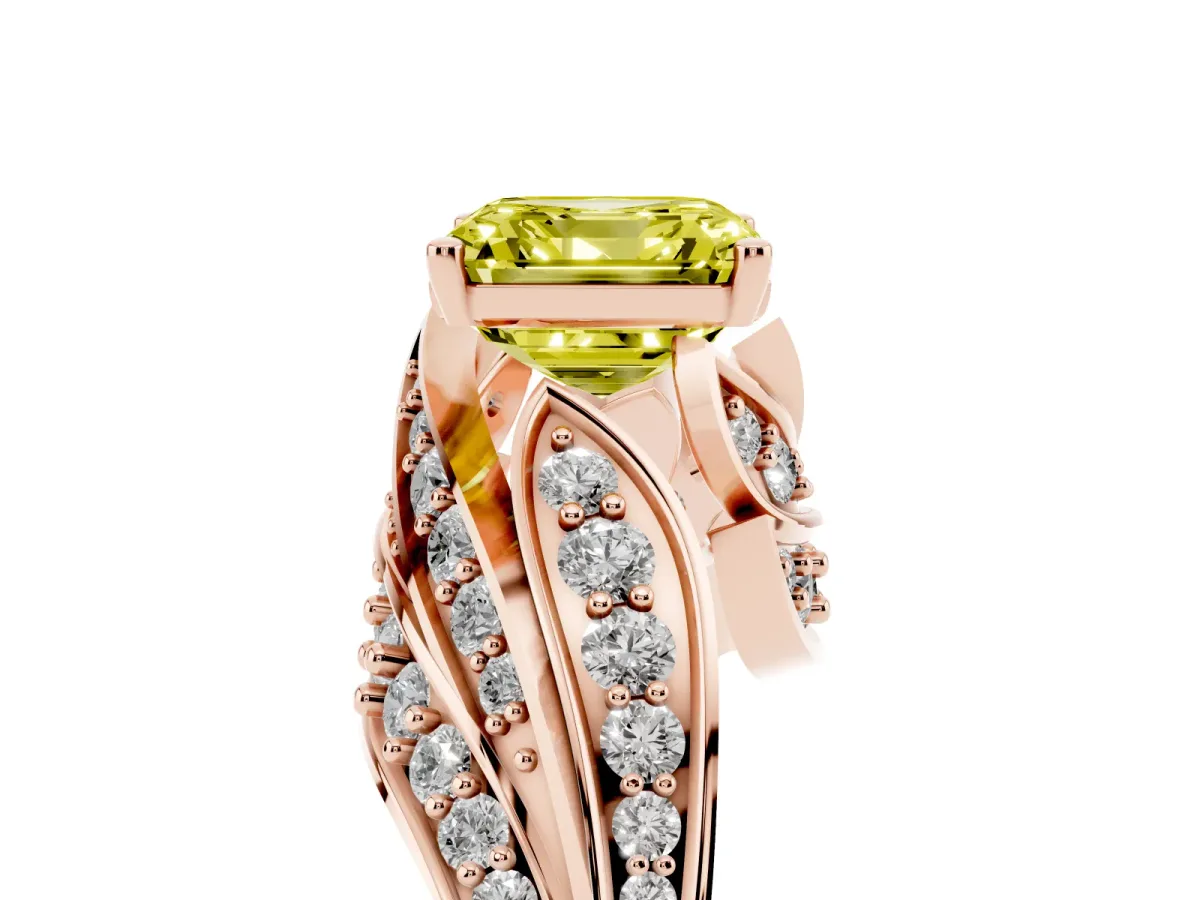 Fancy Yellow Asscher Cut Diamond Solitaire Ring with Prong Setting and Twisted Pavé Band Rose gold