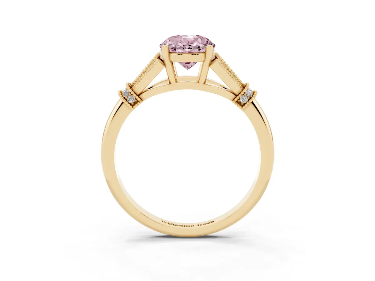 Fancy Pink Oval Cut Diamond Solitaire Ring with Floral Filigree and Pave Accents Yellow gold