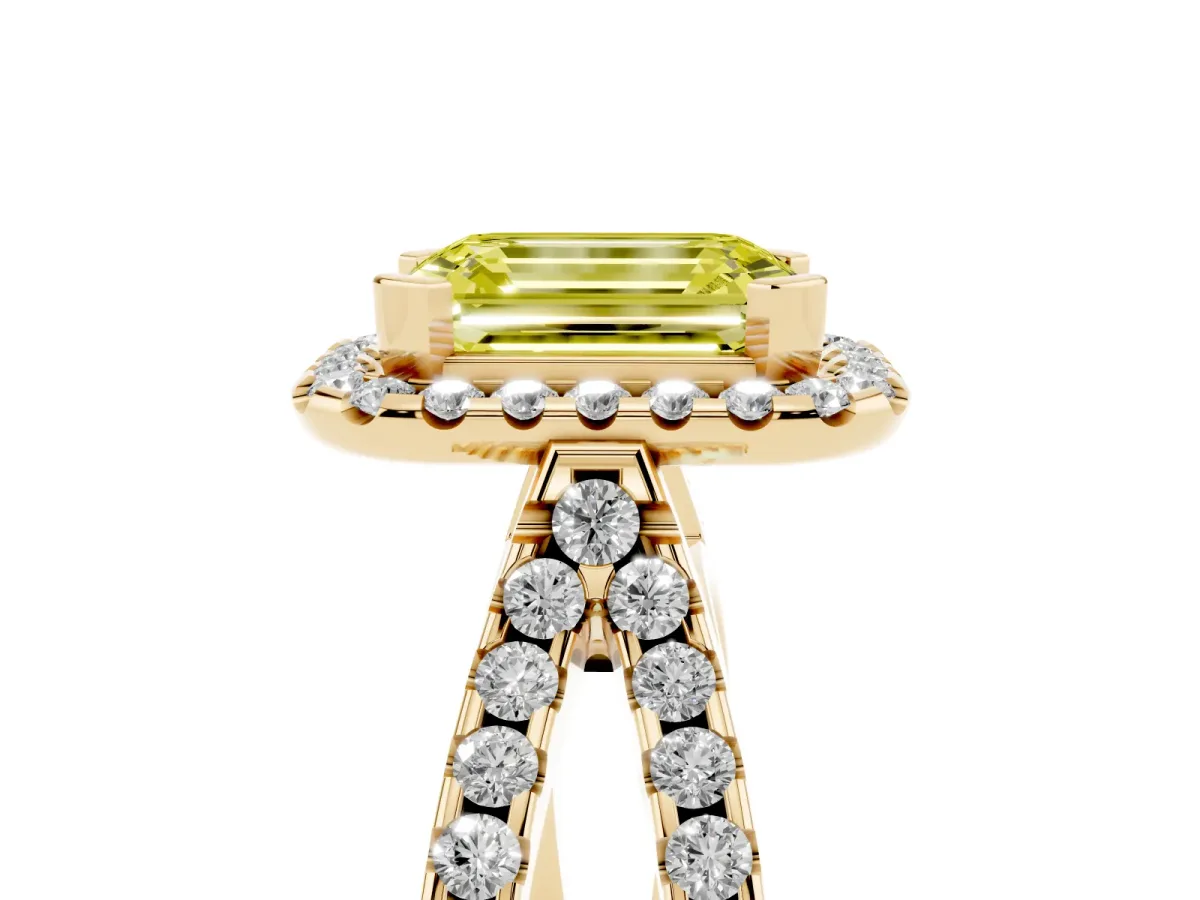 Fancy Yellow Emerald Cut Diamond Halo Ring with Split Shank Pavé Band and Prong Setting Yellow gold