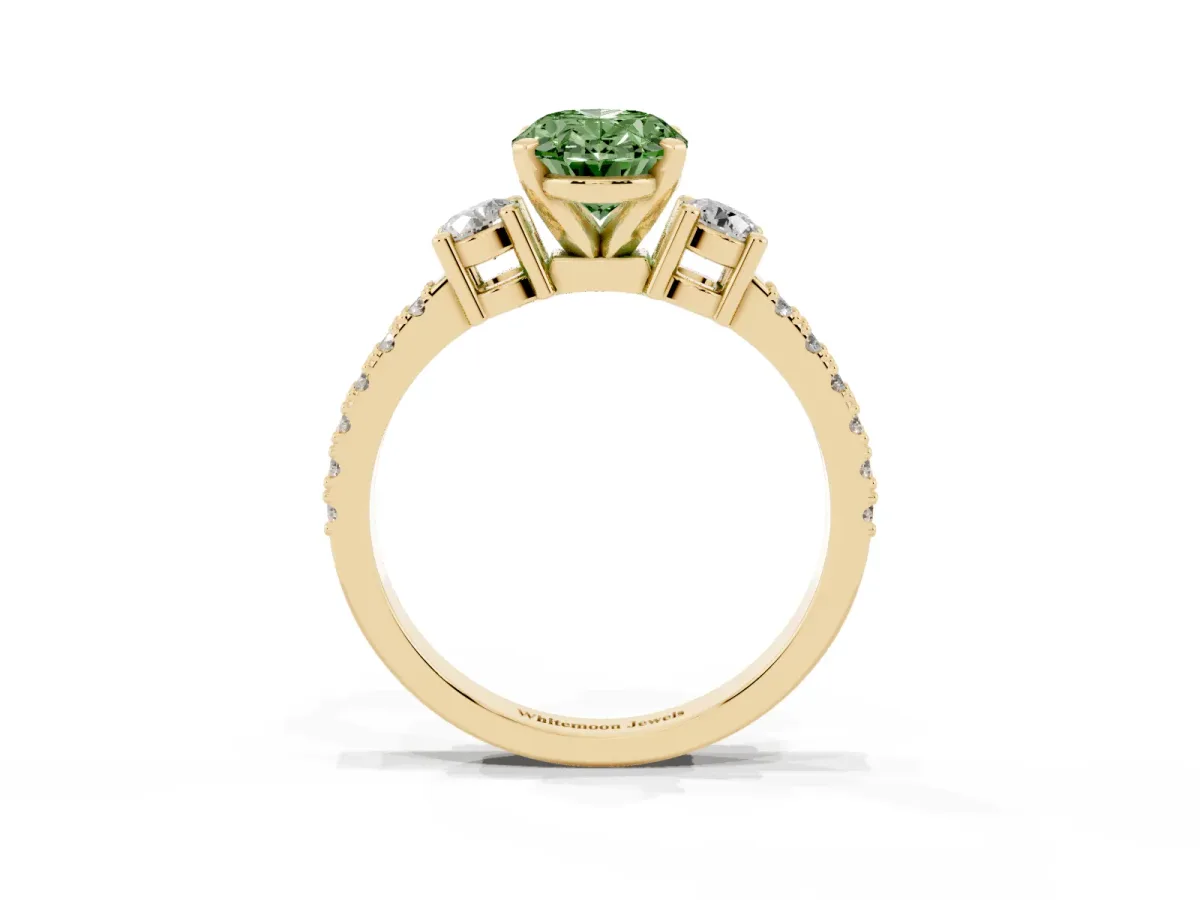 Fancy Green Oval Cut Three-Stone Diamond Pavé Band with Prong Setting Yellow gold