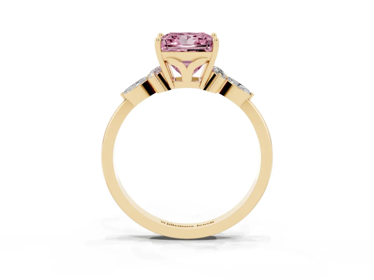Fancy Pink Princess Cut Brilliant Diamond Solitaire Ring with Pear Side Stones and Four-Prong Setting Yellow gold